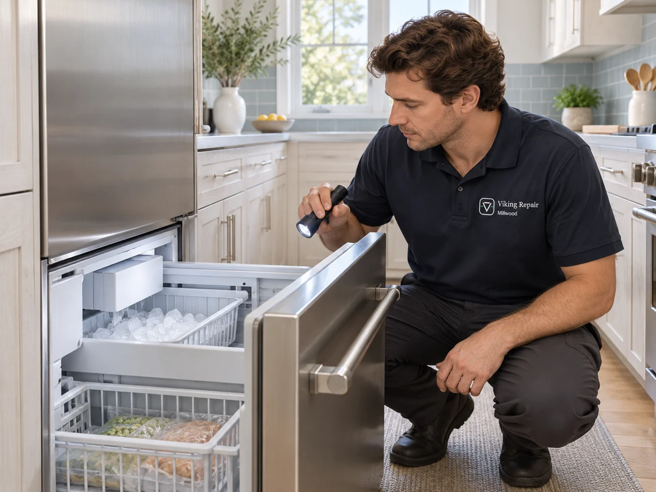 Illustration of a technician wearing the Viking Repair Millwood logo beside a Viking ice maker
