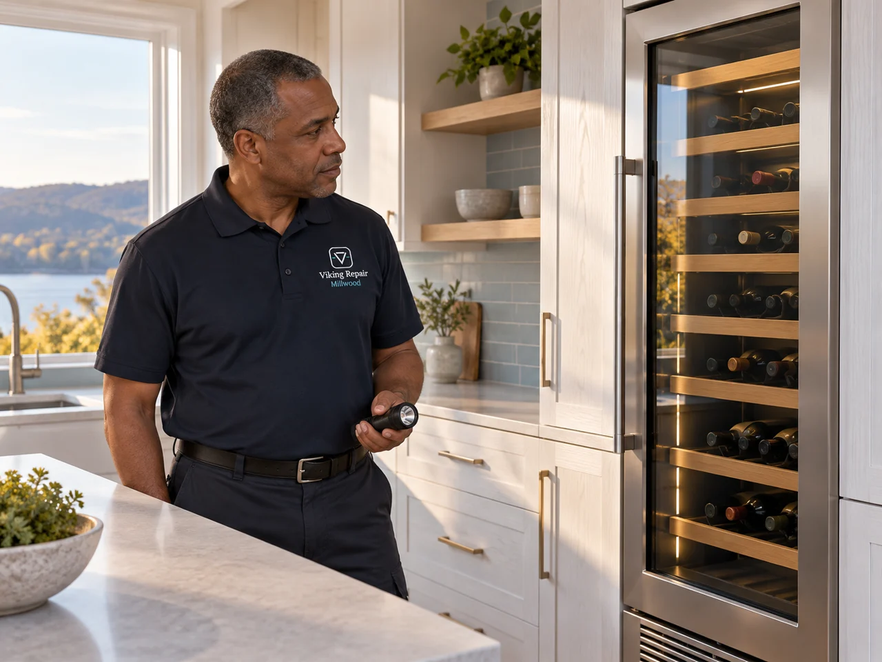 Illustration of a technician wearing the Viking Repair Millwood logo beside a Sub-Zero wine cooler